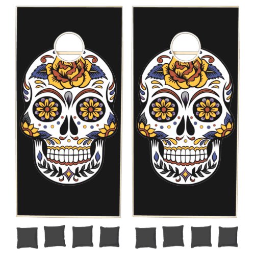 Yellow Rose Sugar Skull on Black Cornhole Set