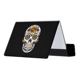 Yellow Rose Sugar Skull on Black Desk Business Card Holder