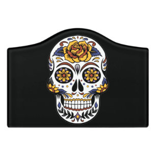 Yellow Rose Sugar Skull on Black Door Sign