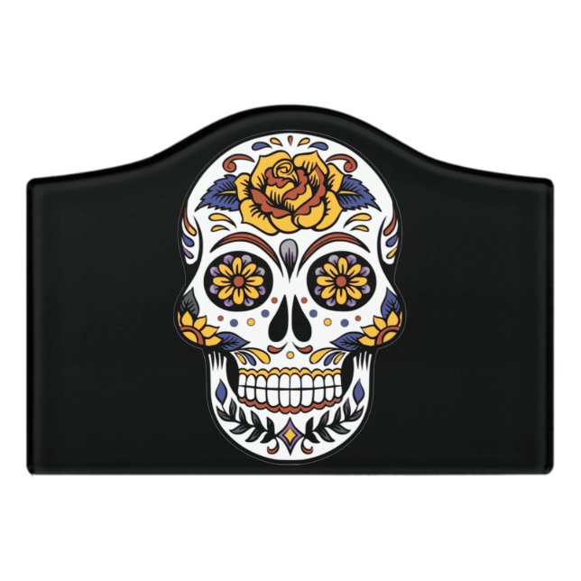 Yellow Rose Sugar Skull on Black Door Sign (Small Crest Front)