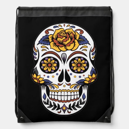 Yellow Rose Sugar Skull on Black Drawstring Bag
