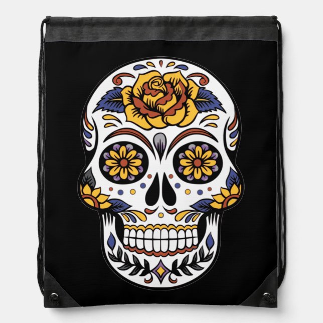 Yellow Rose Sugar Skull on Black Drawstring Bag (Front)