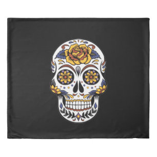 Yellow Rose Sugar Skull on Black Duvet Cover