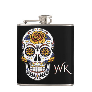 Yellow Rose Sugar Skull on Black Flask
