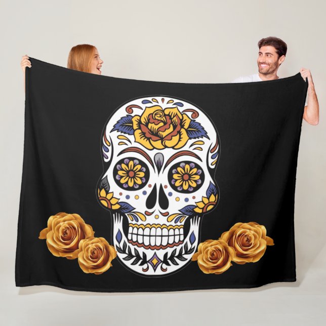 Yellow Rose Sugar Skull on Black Fleece Blanket (In Situ)
