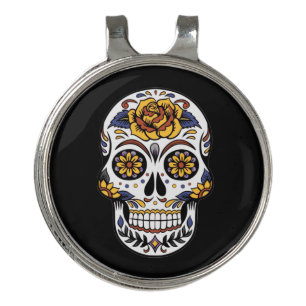 Yellow Rose Sugar Skull on Black Golf Hat Clip