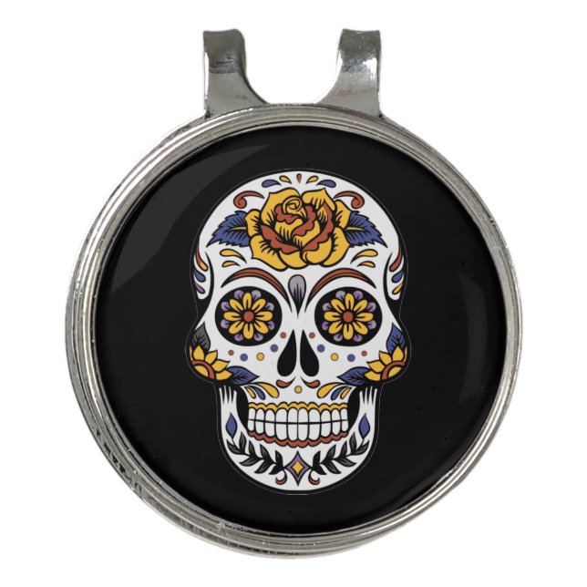 Yellow Rose Sugar Skull on Black Golf Hat Clip (Front)