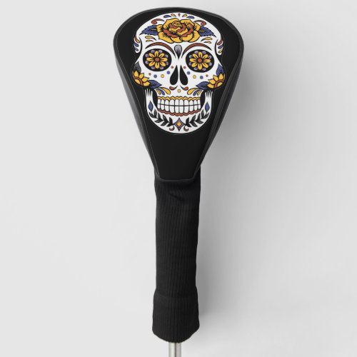 Yellow Rose Sugar Skull on Black Golf Head Cover