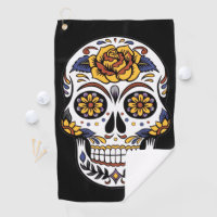Yellow Rose Sugar Skull on Black Golf Towel