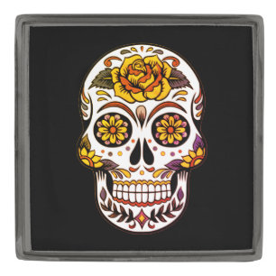 Yellow Rose Sugar Skull on Black Gunmetal Finish Lapel Pin