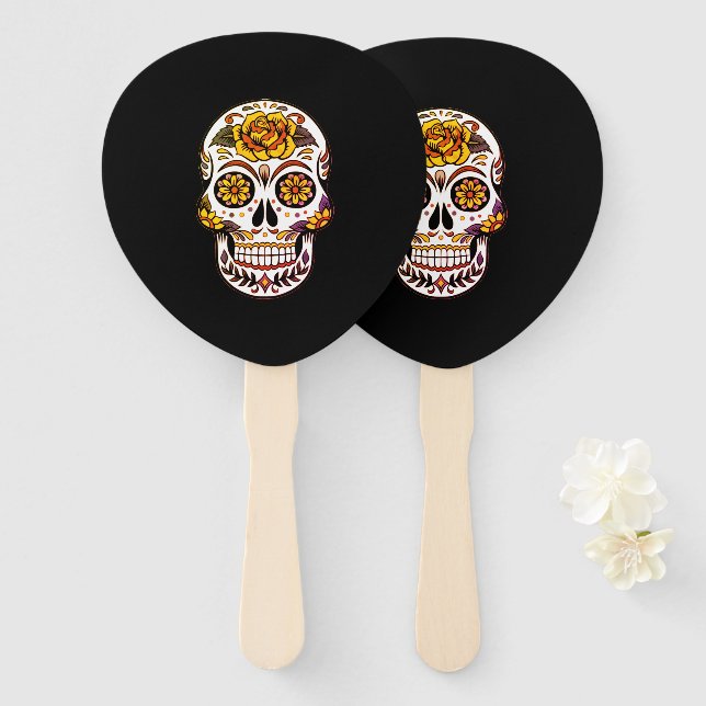 Yellow Rose Sugar Skull on Black Hand Fan (Front and Back)
