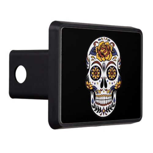 Yellow Rose Sugar Skull on Black Hitch Cover