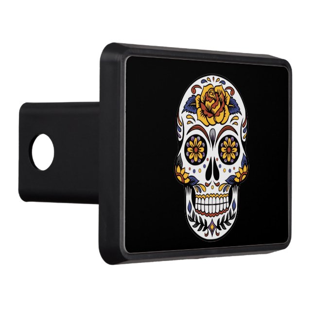 Yellow Rose Sugar Skull on Black Hitch Cover (Right)