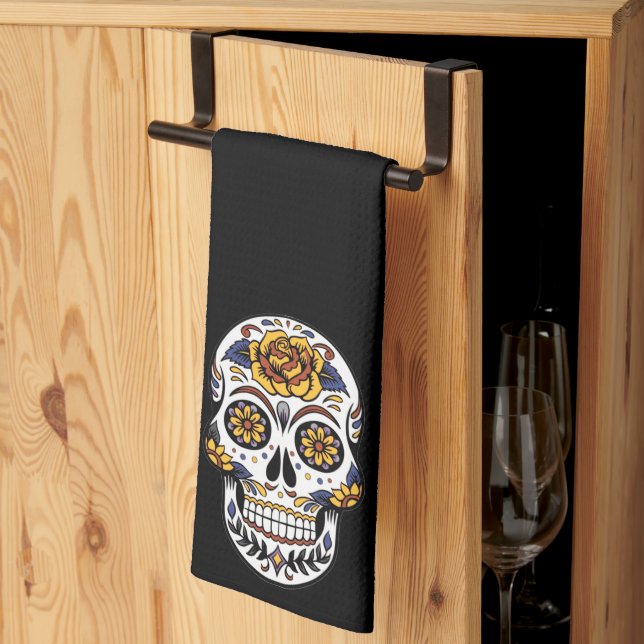 Yellow Rose Sugar Skull on Black Kitchen Towel (Thirds Fold)