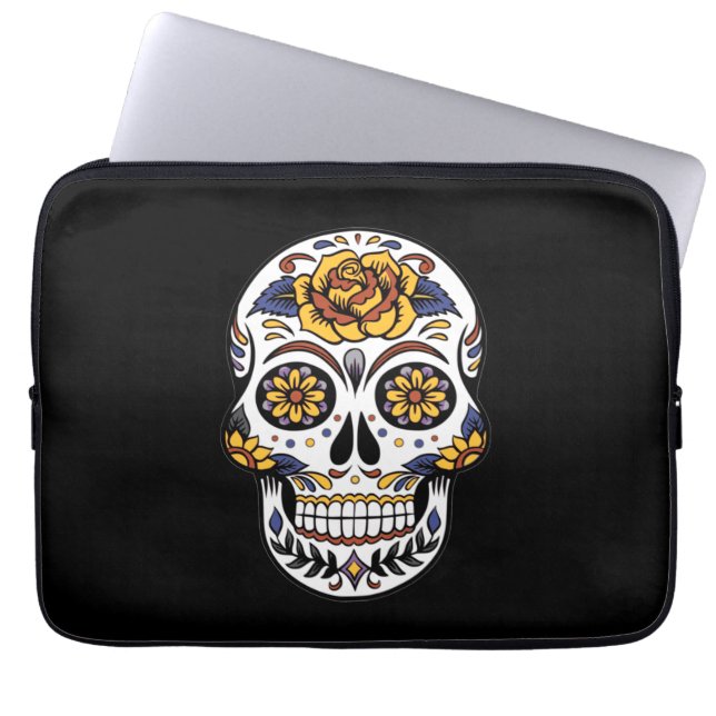Yellow Rose Sugar Skull on Black Laptop Sleeve (Front)