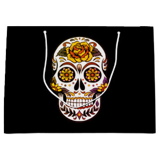 Yellow Rose Sugar Skull on Black Large Gift Bag