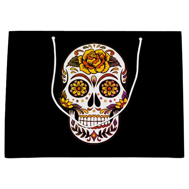Yellow Rose Sugar Skull on Black Large Gift Bag (Front)