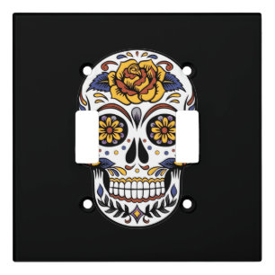Yellow Rose Sugar Skull on Black Light Switch Cover