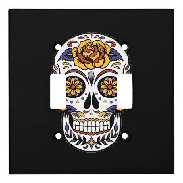 Yellow Rose Sugar Skull on Black Light Switch Cover (Front)
