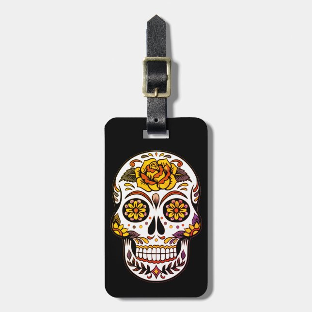 Yellow Rose Sugar Skull on Black Luggage Tag (Front Vertical)