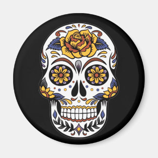 Yellow Rose Sugar Skull on Black Magnet