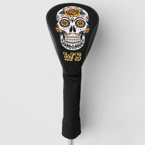 Yellow Rose Sugar Skull on Black Monogram Golf Head Cover