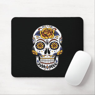 Yellow Rose Sugar Skull on Black Mouse Pad