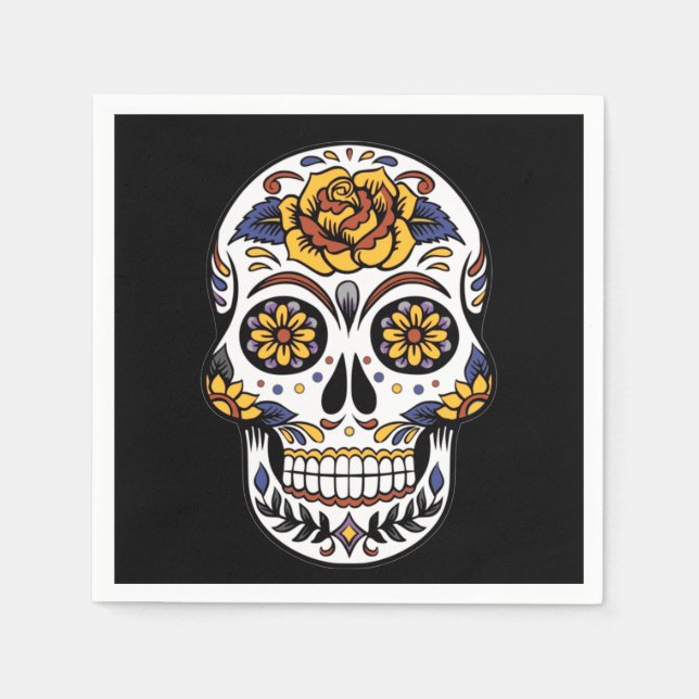 Yellow Rose Sugar Skull on Black Napkins (Front)