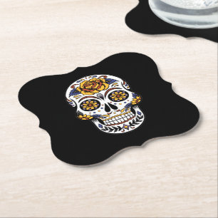 Yellow Rose Sugar Skull on Black Paper Coaster