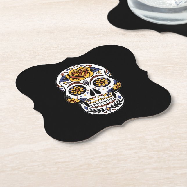 Yellow Rose Sugar Skull on Black Paper Coaster (Angled)