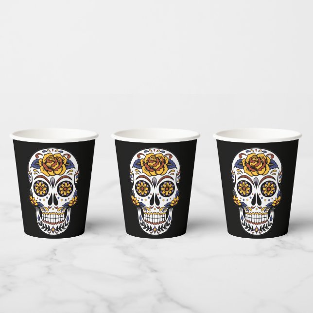 Yellow Rose Sugar Skull on Black Paper Cups (Multi)