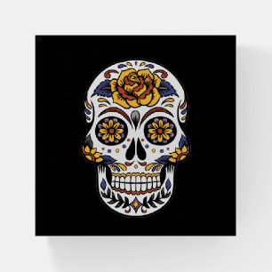 Yellow Rose Sugar Skull on Black Paperweight