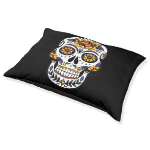 Yellow Rose Sugar Skull on Black Pet Bed