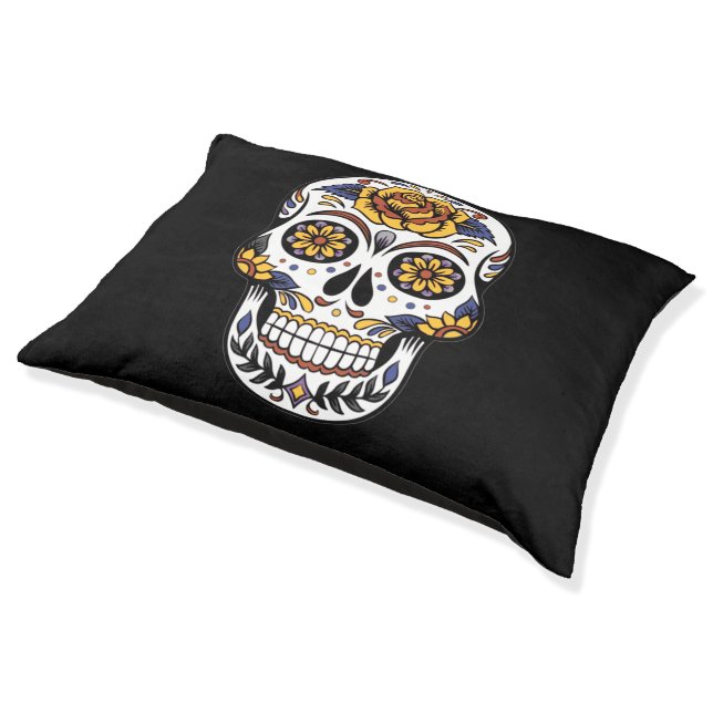 Yellow Rose Sugar Skull on Black Pet Bed (Angled)