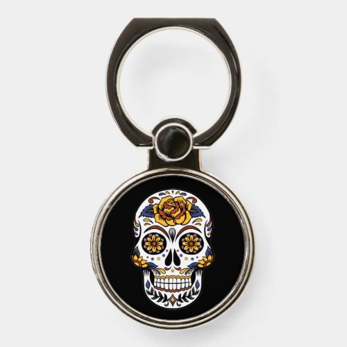 Yellow Rose Sugar Skull on Black Phone Ring Stand