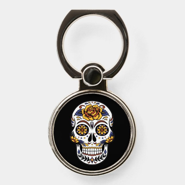 Yellow Rose Sugar Skull on Black Phone Ring Stand (Front)
