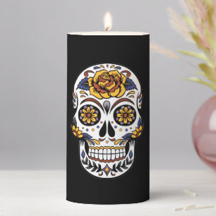 Yellow Rose Sugar Skull on Black Pillar Candle
