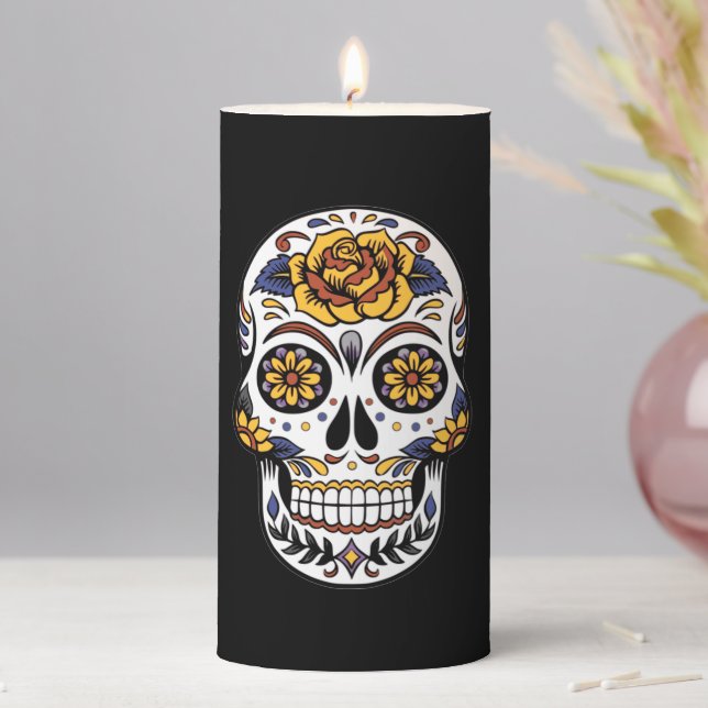 Yellow Rose Sugar Skull on Black Pillar Candle (In Situ)