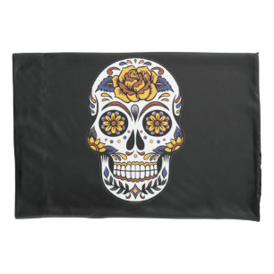 Yellow Rose Sugar Skull on Black Pillow Case