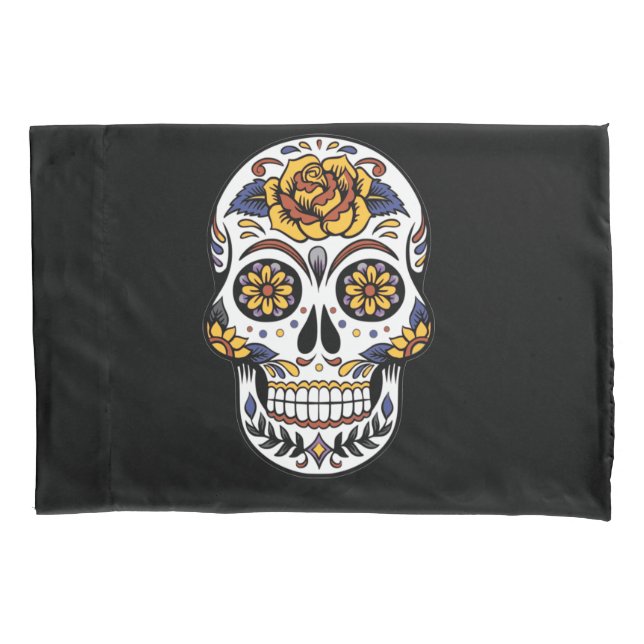 Yellow Rose Sugar Skull on Black Pillow Case (Front)
