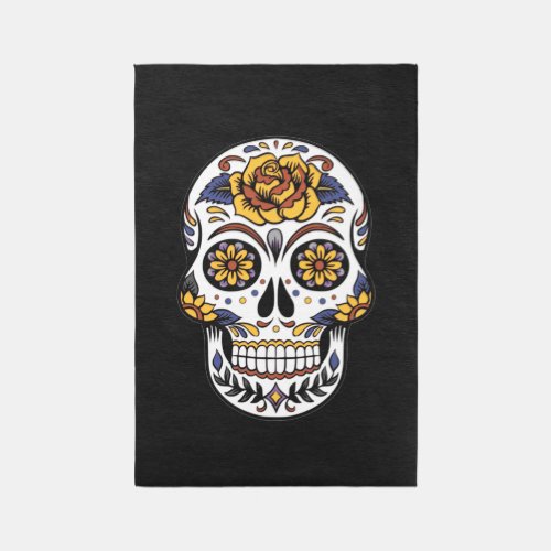 Yellow Rose Sugar Skull on Black Rug