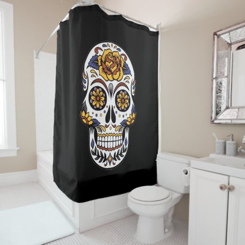 Yellow Rose Sugar Skull on Black Shower Curtain