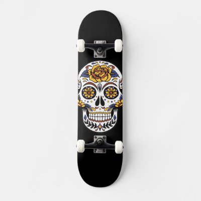 Yellow Rose Sugar Skull on Black Skateboard