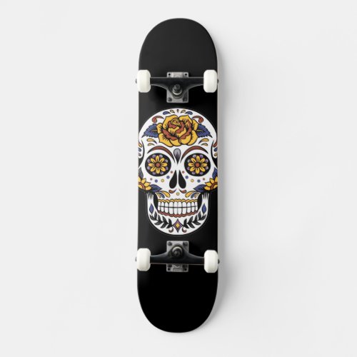 Yellow Rose Sugar Skull on Black Skateboard