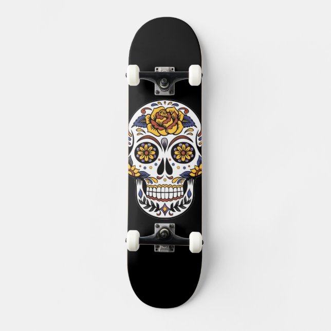 Yellow Rose Sugar Skull on Black Skateboard (Front)