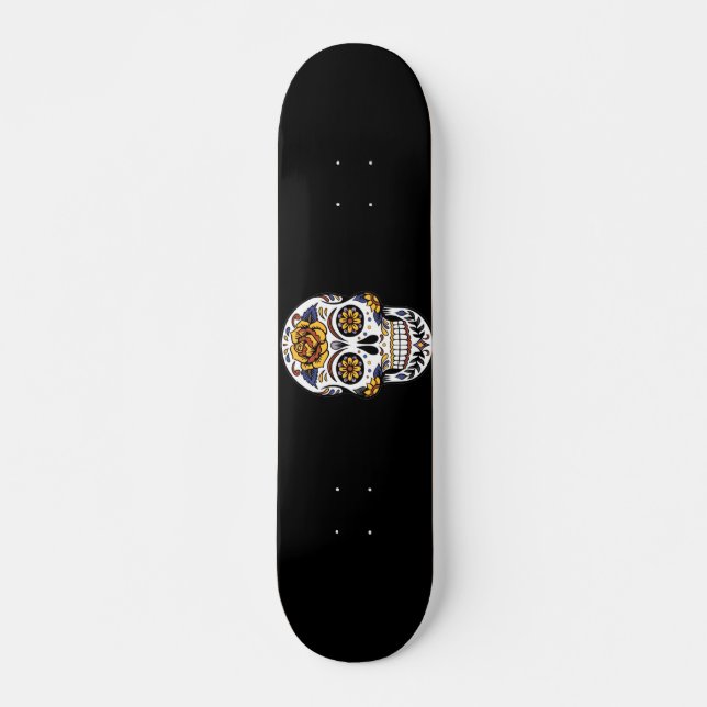 Yellow Rose Sugar Skull on Black Skateboard (Front)