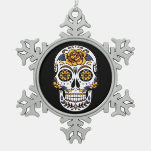 Yellow Rose Sugar Skull on Black Snowflake Pewter Christmas Ornament