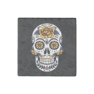 Yellow Rose Sugar Skull on Black Stone Magnet