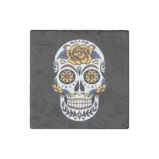 Yellow Rose Sugar Skull on Black Stone Magnet