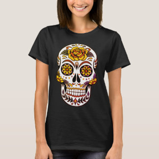 Yellow Rose Sugar Skull on Black T-Shirt
